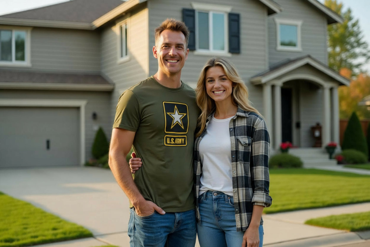 Military family proud in front of their beautiful home