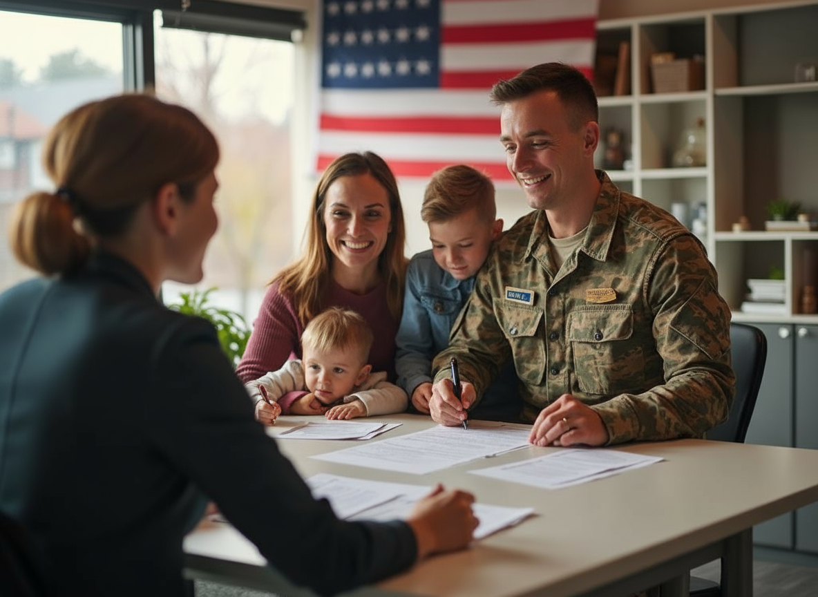 Marine Corps veteran family signing VA home loan paperwork