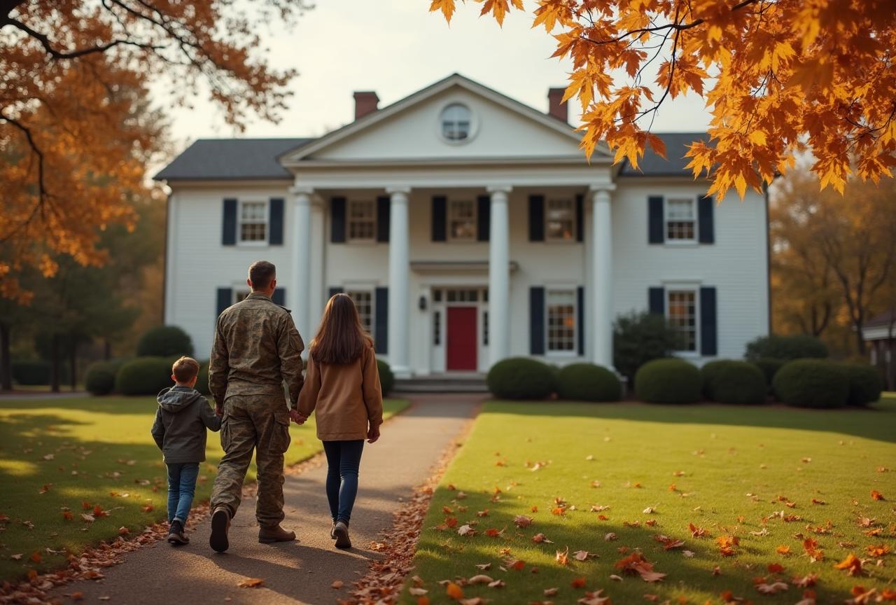 Military family walking towards their elegant colonial-style home