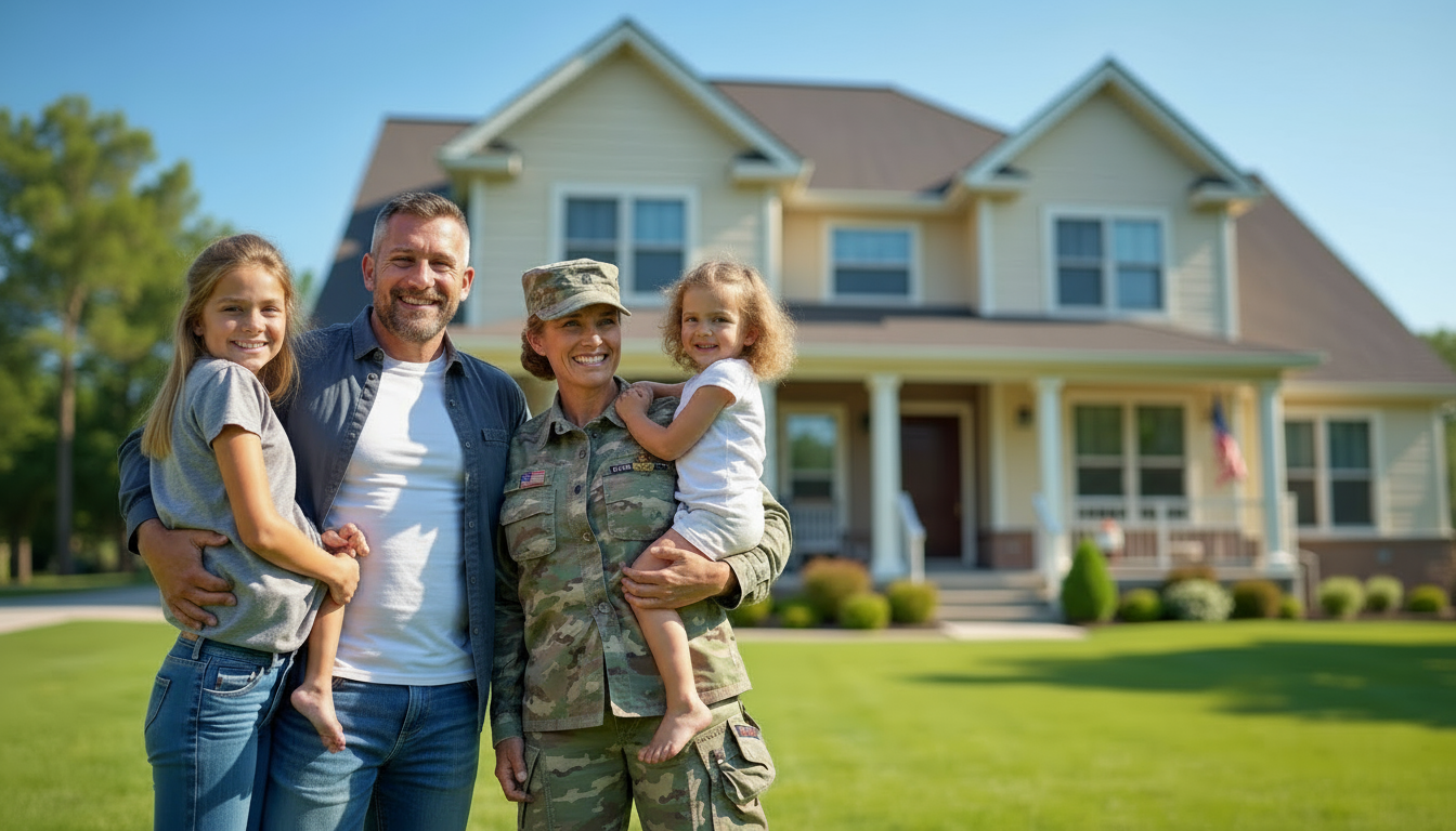 Military service member in uniform smiling in front of their home, representing VA loan homeownership benefits