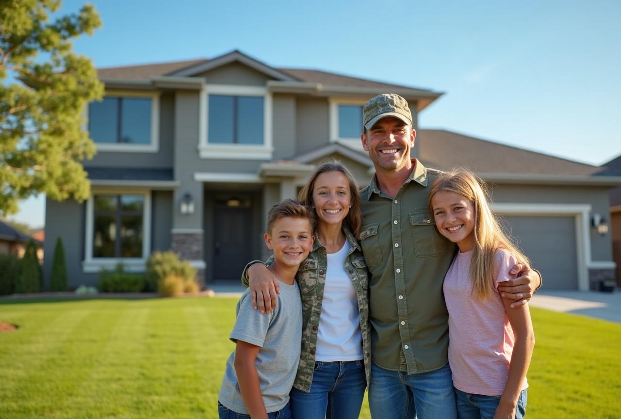 Military family standing proudly in front of their modern home